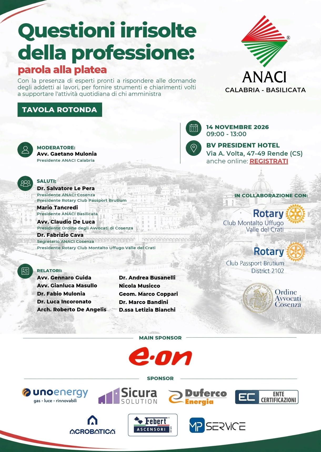 Programma di Questioni irrisolte della professione: parola alla platea, 14 novembre 2026, BV President Hotel di Rende